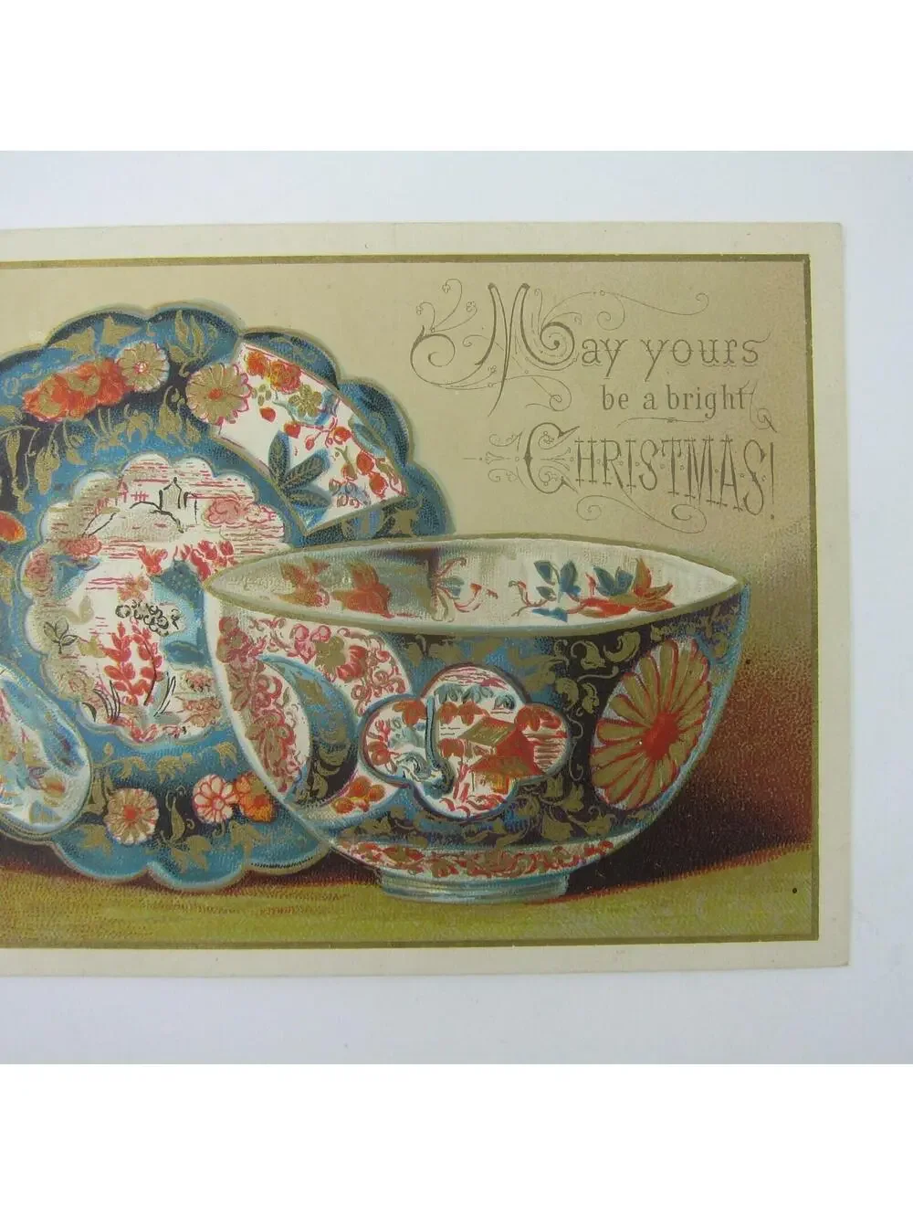 Victorian Christmas Card Dishes Plate & Bowl Blue Red Gold & White Antique